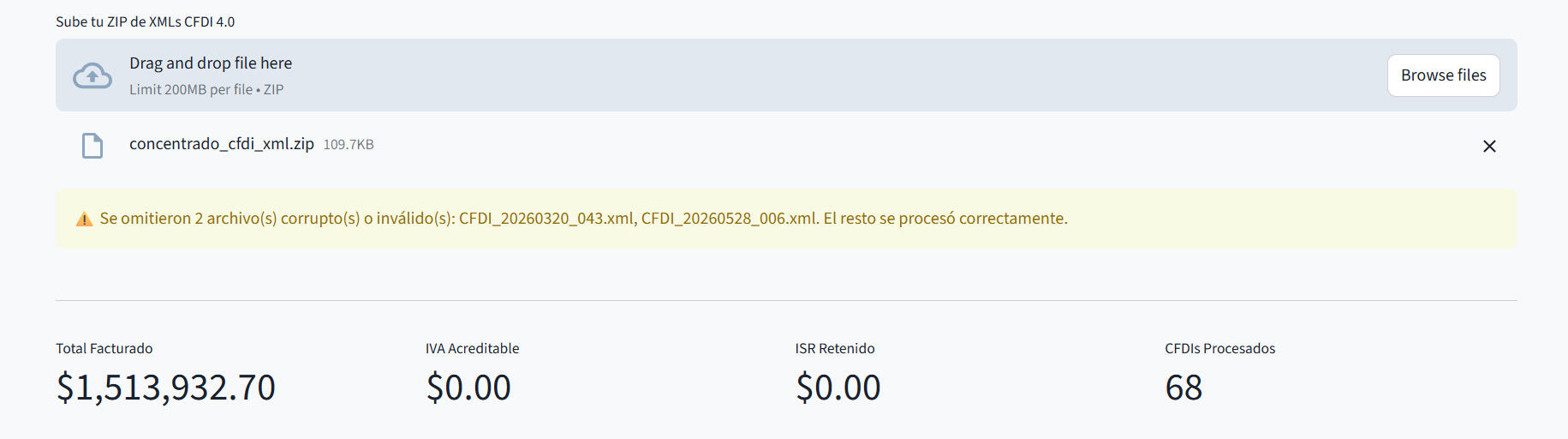 Carga ZIP de XMLs CFDI Imagen representativa de la carga de archivo ZIP de XMLs CFDI en la plataforma.